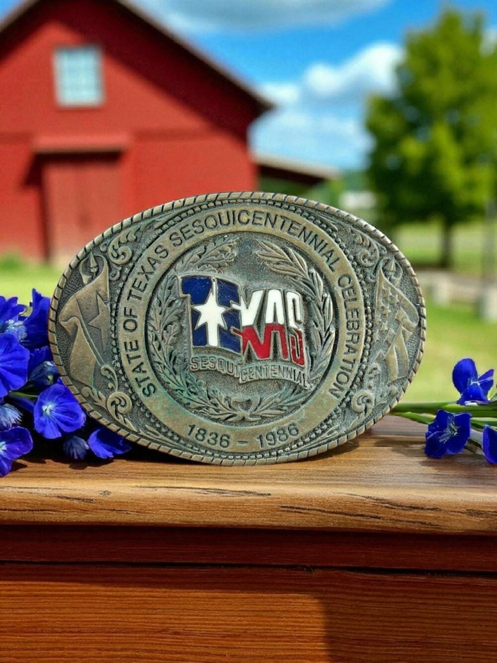 Vintage Solid Brass Texas Sesquicentennial 1836-1986 Texoma Oval Belt Buckle EUC